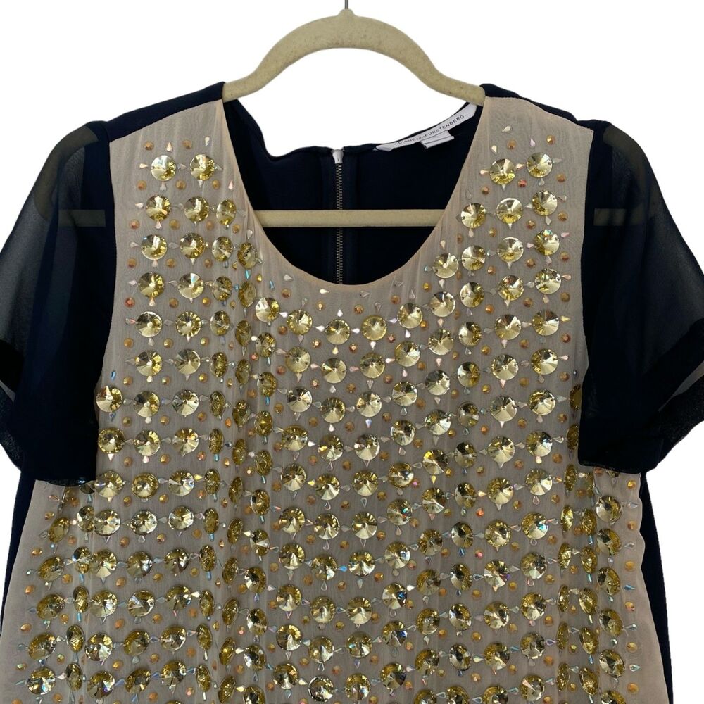 DIANE VON FURSTENBERG Blue Silk Rounded Crystal Embellished Gidget Top Size 12